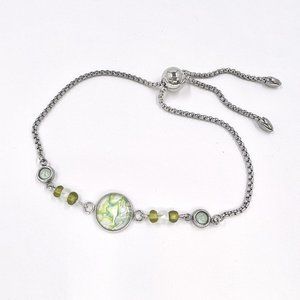 New / Handcrafted - Green Beaded Silver Tone Slide Adjustable Chain Bracelet